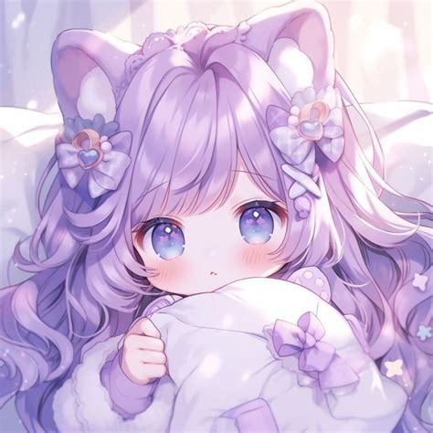 An Anime Girl With Long Purple Hair And Blue Eyes Holding A Pillow In