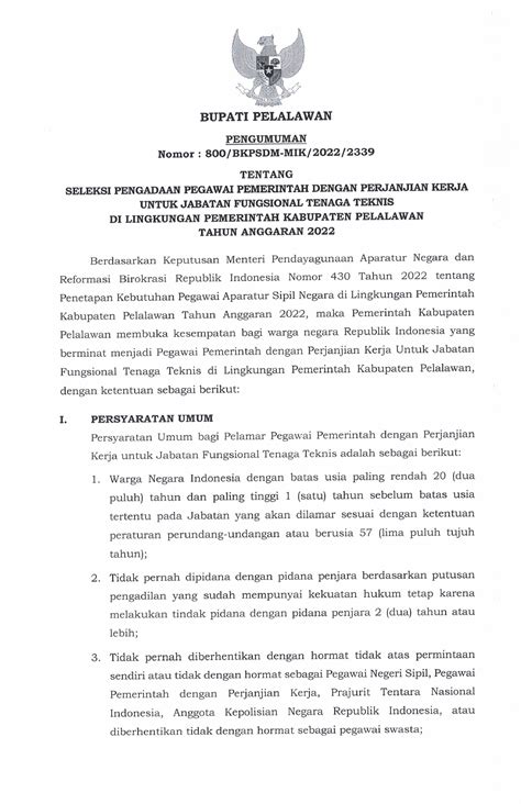 Pengumuman Seleksi PPPK Teknis 1 CONTOH SURAT PERNYATAAN SURAT