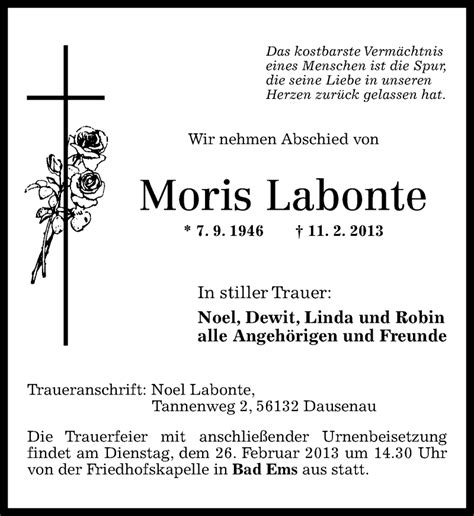 Traueranzeigen Von Moris Labonte Rz Trauer De