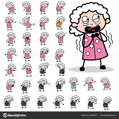 Comic Funny Old Granny Character Set Of Concepts Vector Illust 스톡 벡터