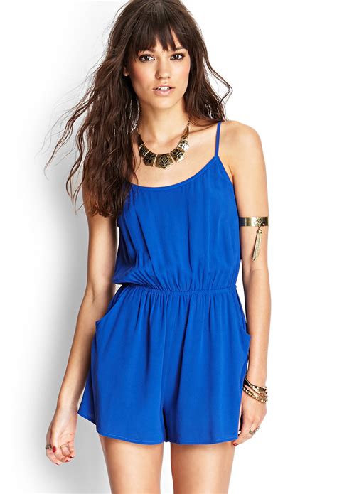 Lyst Forever 21 Cutout Back Textured Romper In Blue