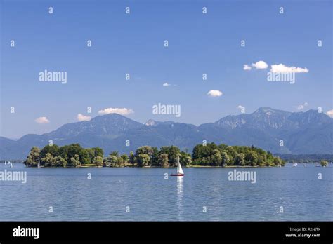 View Over The Chiemsee On Fraueninsel And Chiemgau Alps Hi Res Stock