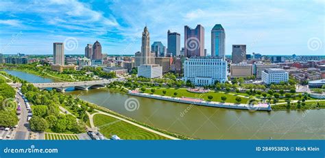 Panorama Both Sides Of Scioto River Next To Heart Of Downtown Columbus