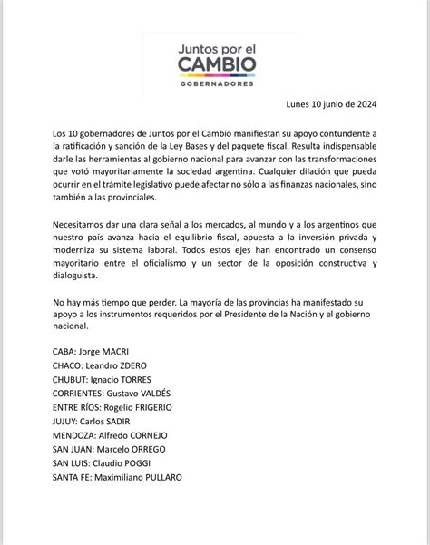 A Dos Días De La Sesión Del Senado Los 10 Gobernadores De Juntos Por El Cambio Pidieron Aprobar