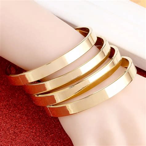 4pcs New Open Size Women High Polished Simple Gold Color Plain Bangles