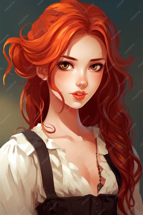 Premium Ai Image A Girl With Long Red Hair Wearing A White Shirt And Black Suspenders