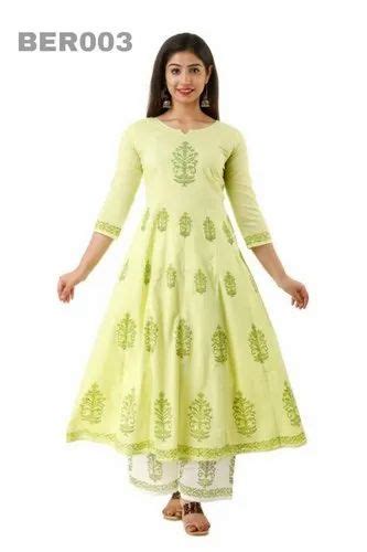 Stitched Hand Block Printed Fancy Cotton Anarkali Kurti Palazzo Set At