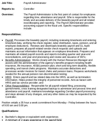 Free Payroll Administrator Job Description Samples In Ms Word Pdf