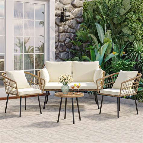 DEXTRUS 4 Pieces Outdoor Conversation Seating Set PE Rattan Wicker