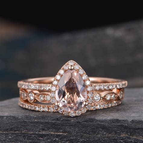 Pear Shaped Morganite Engagement Ring Bridal Set Rose Gold Etsy