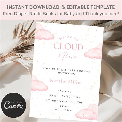 We Are On Cloud Nine Baby Girl Shower Nvitation Template Printable