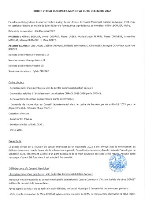 Proces Verbal Du Conseil Municipal Du Decembre Saint Nizier