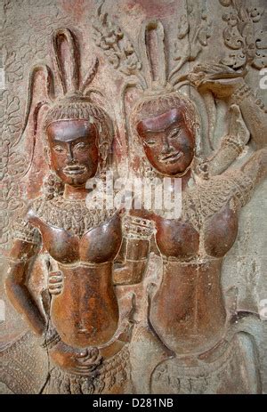 Wall Carving With Woman Dancer Apsara Famous Angkor Wat Complex