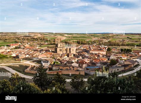 Panoramic view of an old Castilian medieval town. Penaranda de Duero ...