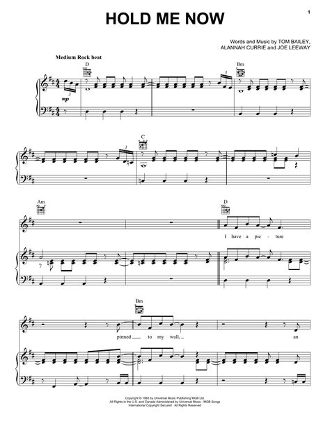 Hold Me Now By Thompson Twins Sheet Music For Piano Vocal And Guitar Chords Right Hand Melody