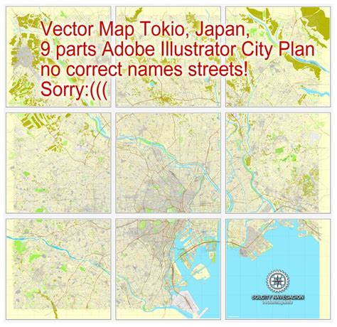 Tokyo Japan In Adobe Illustrator Printable Vector Street 9 Parts City Plan Map Fully Editable