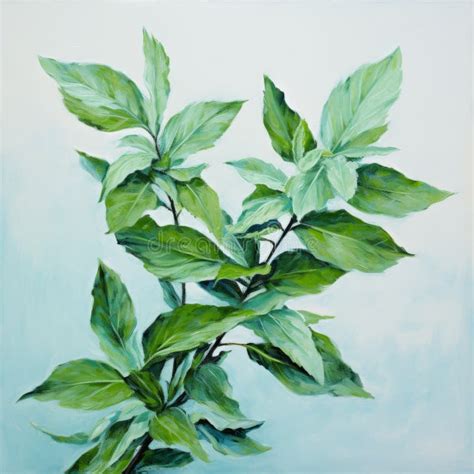 Green Leaves on Blue: a Naturalistic Oil Painting with Symbolic Nature Stock Illustration ...