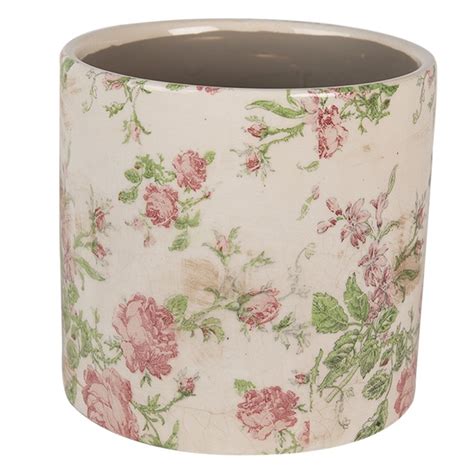 Clayre Eef Bloempot Ø 17x16 cm Beige Roze Keramiek Bloemen