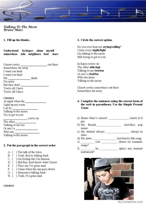 Bruno Mars Talking To The Moon Son English Esl Worksheets Pdf Doc