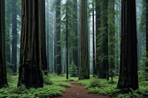 Premium AI Image Majestic Redwood Trees In A Foggy Forest