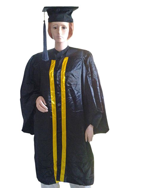 Black Graduation Gown with golden yellow border in the front with Hat and tussle - My Custom Attire