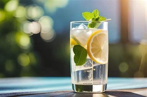 Um copo de limonada rodelas de gelo e limão sobre uma mesa de