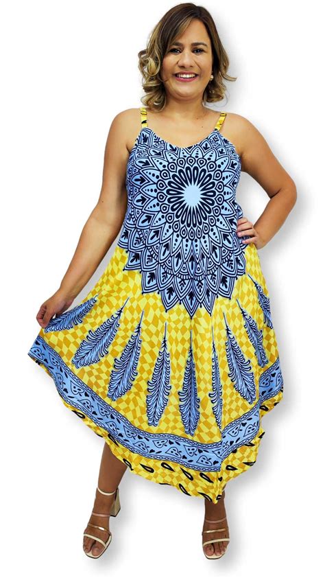 Vestido Indiano Trapézio Alça Plus Size Mandala E Penas 5006 é Na Sarat