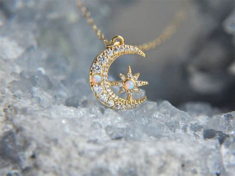 Celestial Opal Moon Necklace Crescent Moon Necklace Opal Star