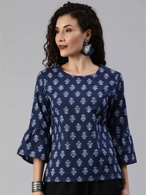 Buy Anouk Navy Blue Ethnic Motifs Bell Sleeved Pure Cotton Top Tops