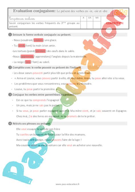 Le Pr Sent Des Verbes En Ir Oir Et Dre Valuation Bilan