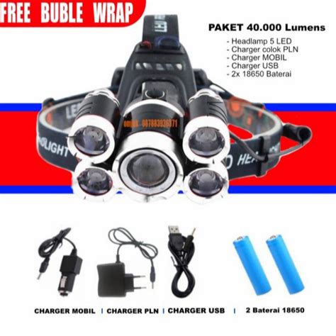 Jual Paket Senter Kepala 5 Mata 40000lumens Headlamp Cree XM L 1T6