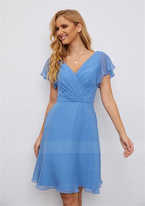 A Line V Neck Chiffon Knee Length Wedding Party Dress With Pleated