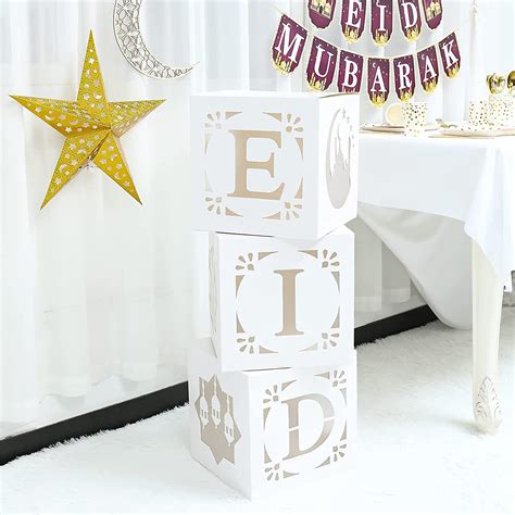 Eid Decoration Boxes With Light 3pcs White Hollow Out Paper Boxes