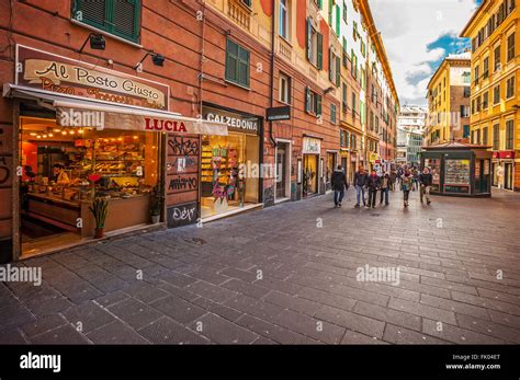 Italy Liguria Genoa Via San Vincenzo Shopping Pedestrian Street Stock