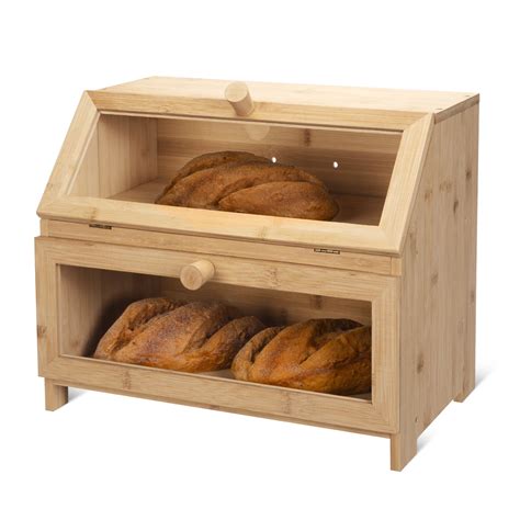 Hapoo Bread Box Natural Bamboo Double Layer Bread Container Large Capacity Bread Box For Kitchen