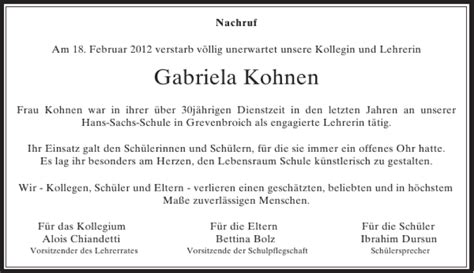 Alle Traueranzeigen für Gabriela Kohnen trauer rp online de