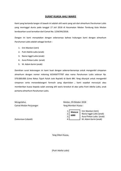 Contoh Surat Kuasa Ahli Waris Bank
