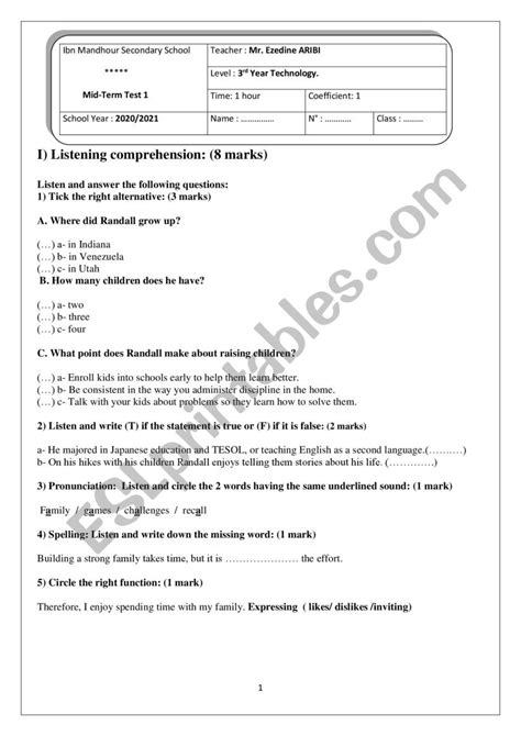 Mid Term Test 3rd Form ESL Worksheet By Ezdin