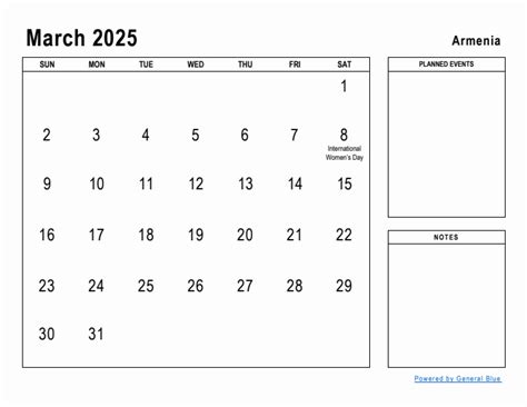 March 2025 Planner With Armenia Holidays