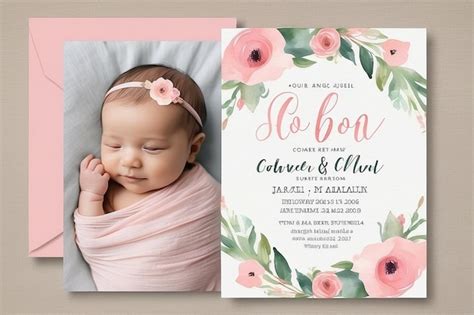 Soft Pink Watercolor Floral Baby Announcement Invitation Template