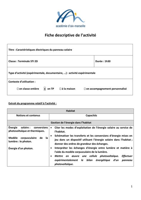 Fiche Descriptive De L`activité