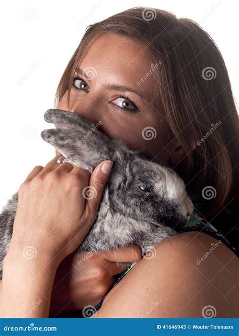 Smiling Beautiful Brunette Holding And Petting Her Bunny Stock Image Image Of Female