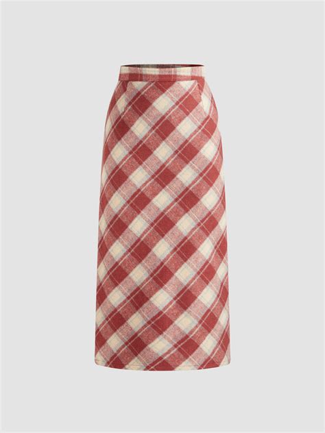 Woven Textured High Waist Gingham Split Zipper Midi Skirt Cider