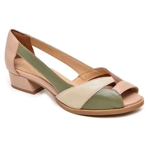 Sapato Peep Toe Couro Nude Sálvia Chocolate e Off White Bubblê