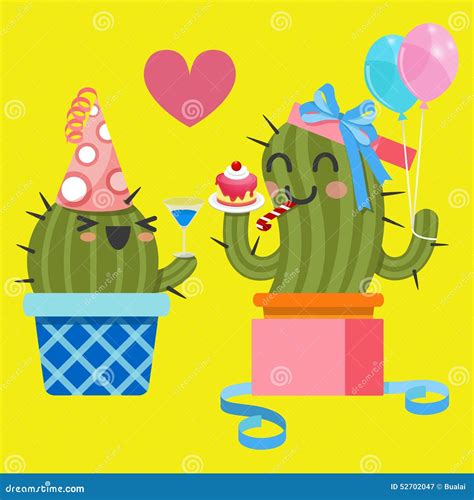 Loving Couple Of Cactus At Birthday Party Stock Vector Illustration