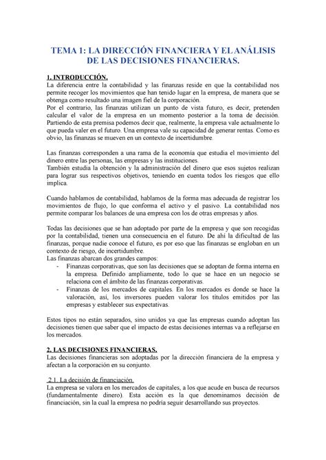 Tema 1 Vafi Apuntes T1 Tema 1 La DirecciÓn Financiera Y El