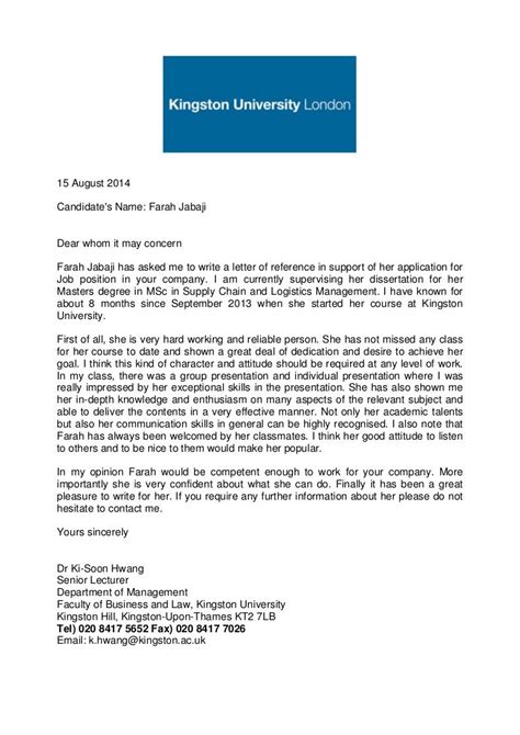 Academic Reference Letter Kingston University