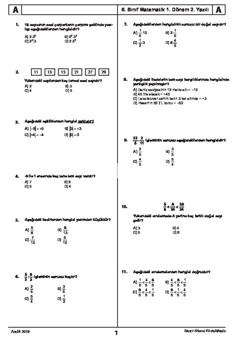 6 Sınıf 1 Dönem 2 Yazılı Matematik Sinif Edebiyat Ders Kitabi Cevaplari