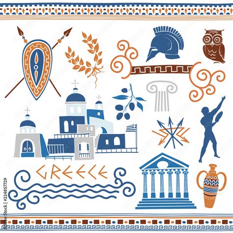 Greek Vector Clipart. Set of Illustrations on Ancient Symbols, Themes ...