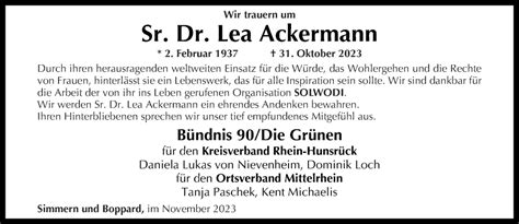 Traueranzeigen Von Lea Ackermann Rz Trauer De